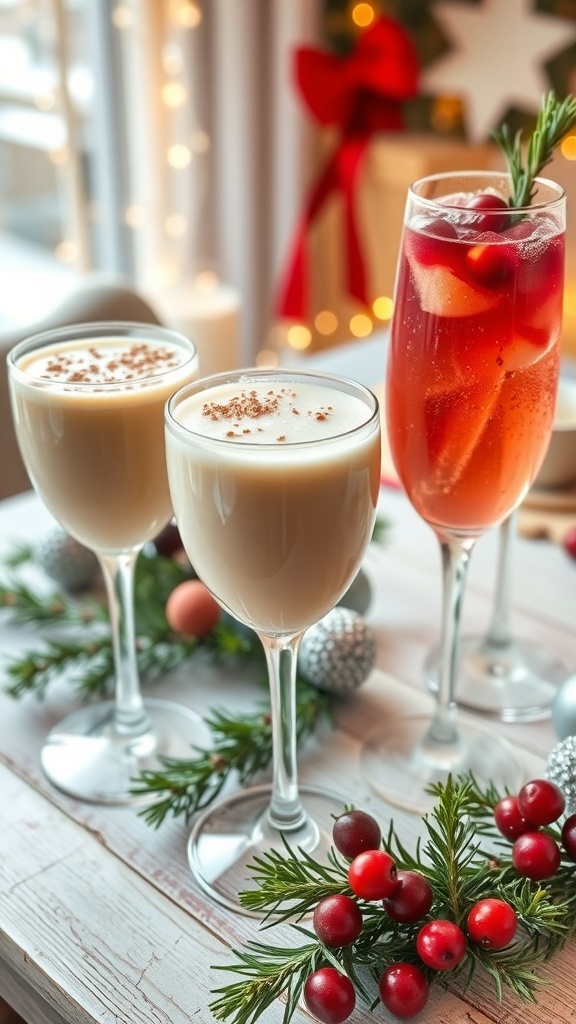 A festive table with Christmas cocktails including eggnog and cranberry mimosas, decorated with holiday ornaments.